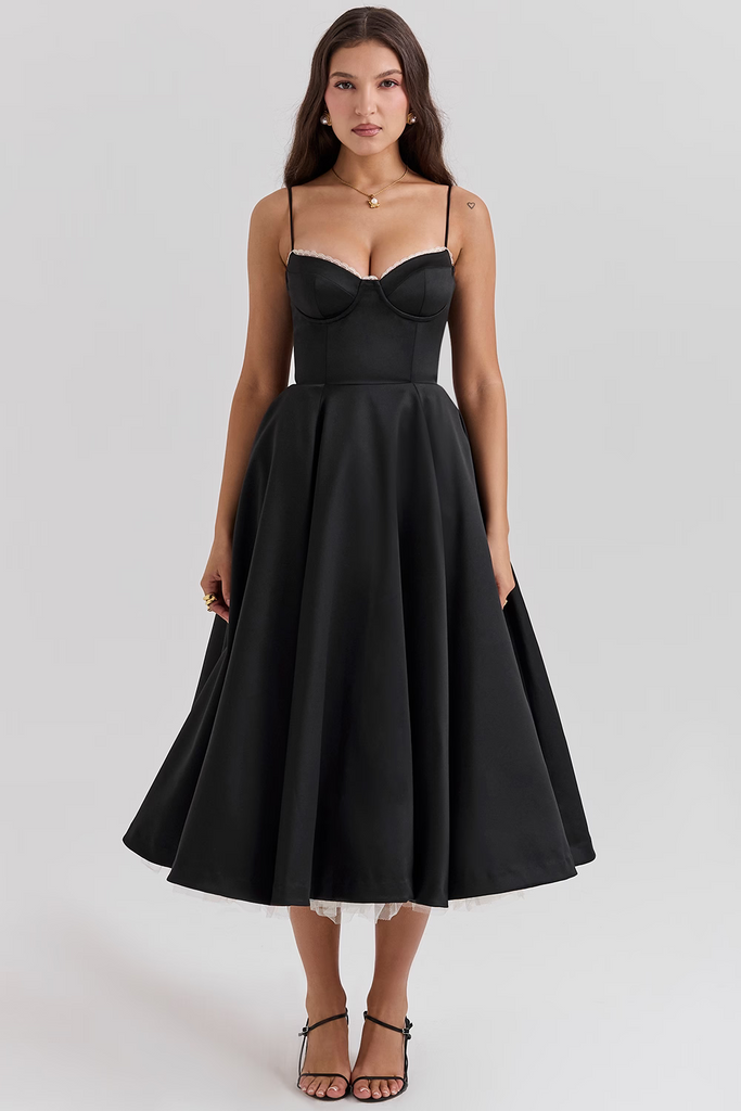 WW | A-linie Midi Kleid Spaghetti Träger Spitzen Detail Elegante Formelle Kleidung