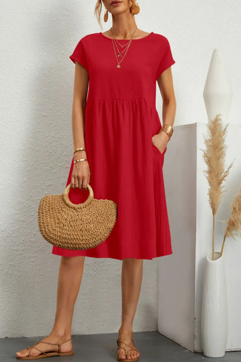 WW | Schickes Kurzärmliges Kleid mit Rundhalsausschnitt aus Einfarbigem Patchwork