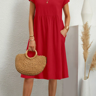 WW | Schickes Kurzärmliges Kleid mit Rundhalsausschnitt aus Einfarbigem Patchwork