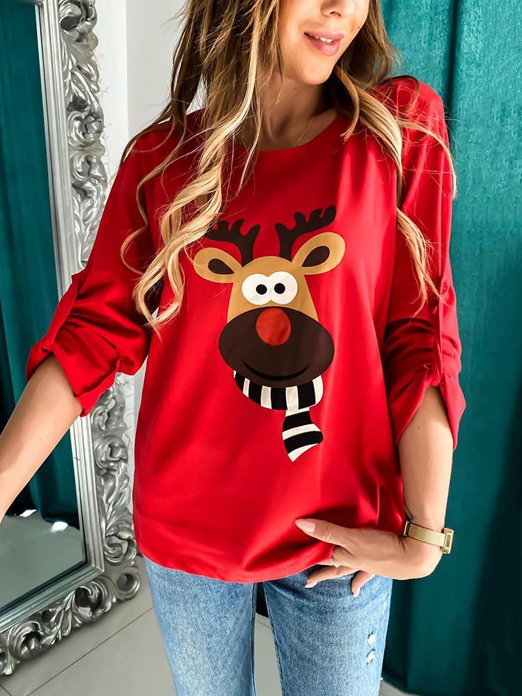 WW | Weihnachts Cartoon Elch Lange Ärmel T-Shirt