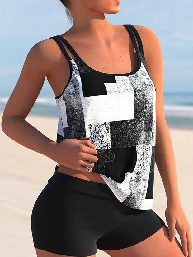 WW Tankini mit doppeltem Träger und geometrischem Aufdruck