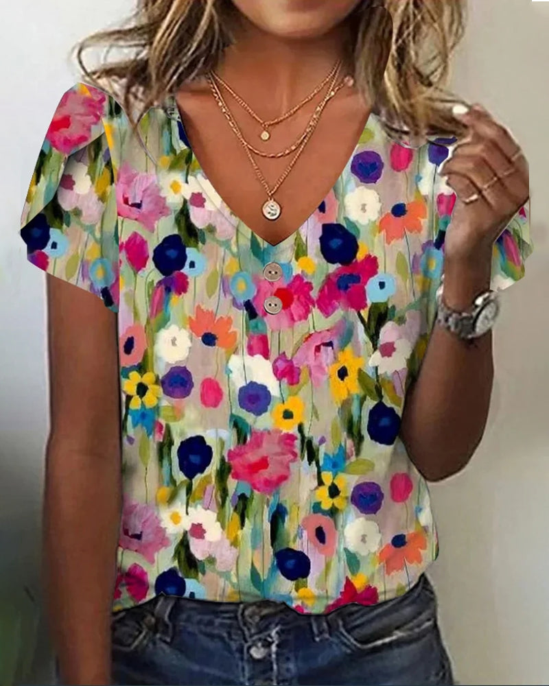 WW | Kurzärmlige Farbenfrohe Blumenbluse mit V-Ausschnitt
