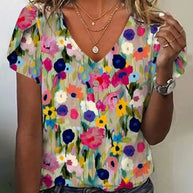 WW | Kurzärmlige Farbenfrohe Blumenbluse mit V-Ausschnitt