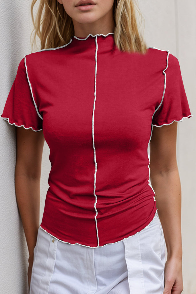 WW | Basic Bae Kontrastbesatz Mock Neck Kurzarm T-Shirt