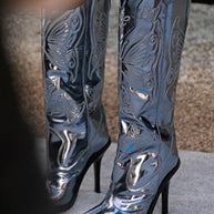 WW | Frauen Hochhackige Metall Spitz Zehen Schleife Bestickte Stiefel