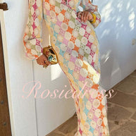 WW | Rosiedress V-Ausschnitt Laternenärmel Geometrischer Druck Maxi-Kleid