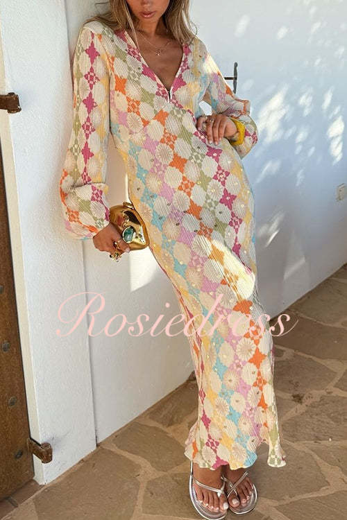 WW | Rosiedress V-Ausschnitt Laternenärmel Geometrischer Druck Maxi-Kleid