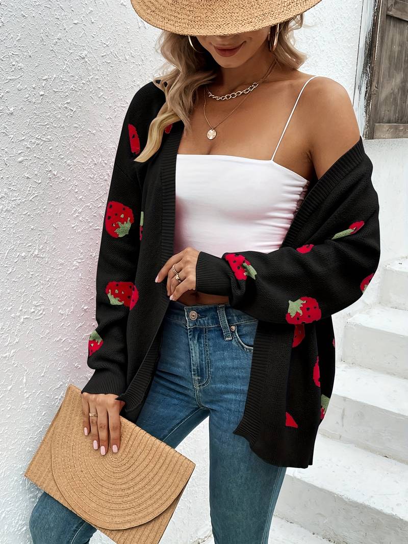 Cardigan mit langen Ärmeln und Erdbeer-Print für Herbst und Frühling