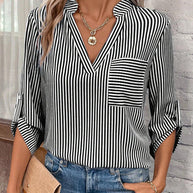 WW | gestreiftes Shirt mit V-Ausschnitt und Brusttasche