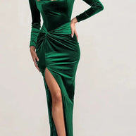 WW | Hollywood Glamour Samt Tief-V-Ausschnitt Langarm Verdrehte Schlitz Stretch Maxi Kleid