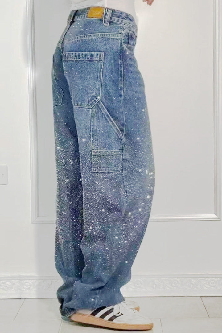 W&W Mode | Damen Gewaschene Jeans Mit Strassdetails Im Weiten Schnitt