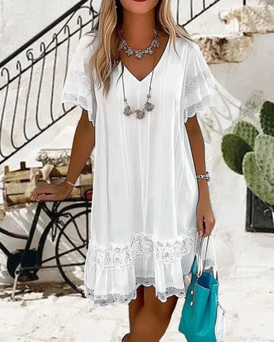 WW | Kurzärmliges Weißes Sommerkleid mit Spitzenpaneelen