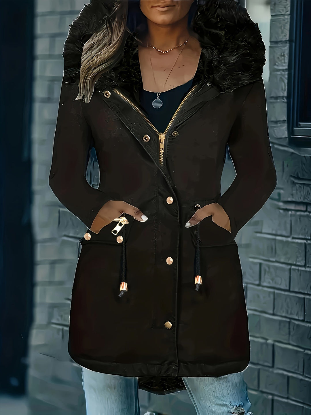 W&W Mode | Zip up Parka Mantel mit Knöpfen Kapuze Damen Winterjacke