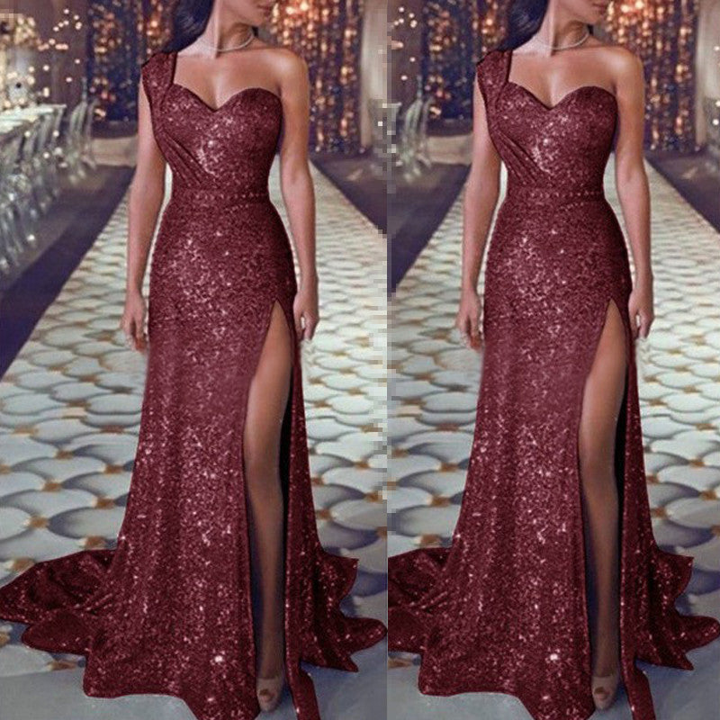 WW | Einseitiges Ärmelloses Glänzendes Split Kleid