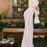 WW | Blumen Spitze Off Shoulder Flare Ärmel Fishtail Maxi Kleider - Weiß
