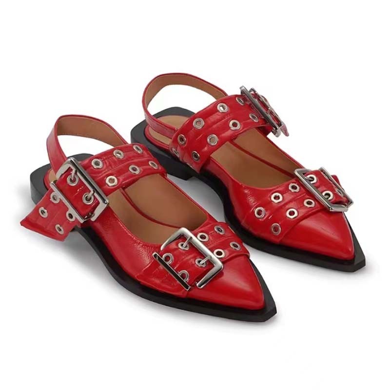 WW | Spitz Zehen Gürtel Schnalle Mules Leder Flach Sandalen