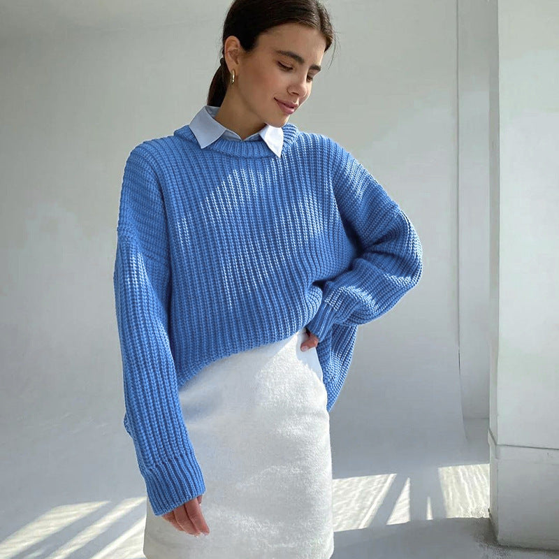 W&W Mode – Modischer Strickpullover in Uni mit Rundhalsausschnitt