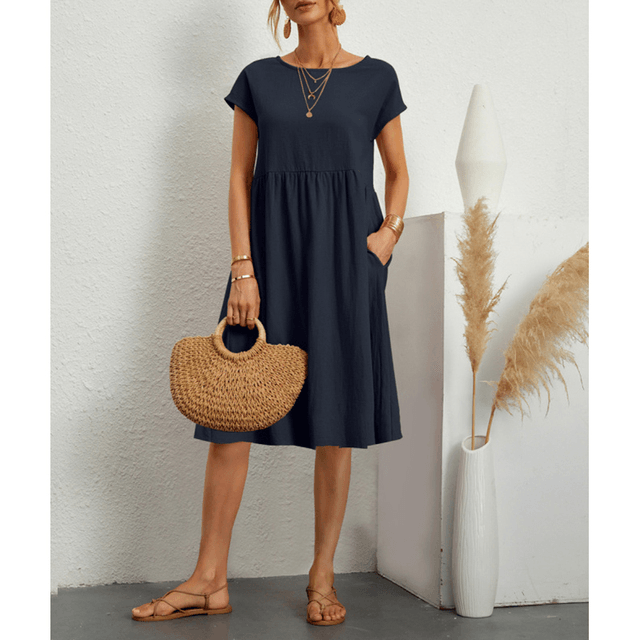 WW | Damen Baumwoll Leinen Midi Kleid