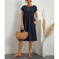 WW | Damen Baumwoll Leinen Midi Kleid