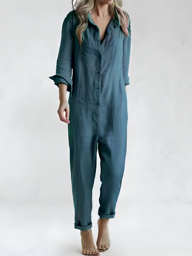 WW | Lässiger Pyjama mit langen Ärmeln aus Baumwolle und Leinen für moderne Frauen