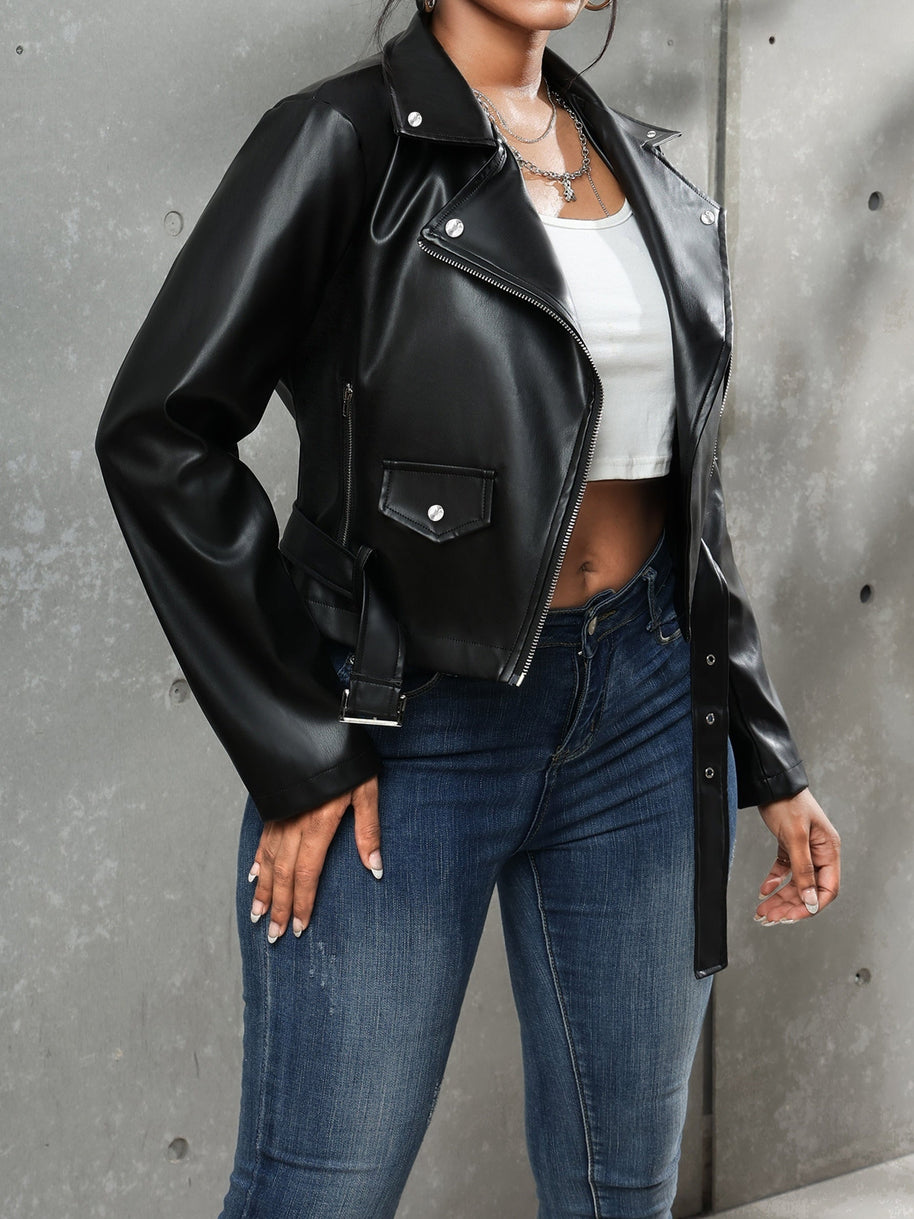 WW | Schwarze Lederjacke mit Gürtel für Damen