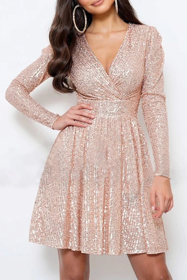 WW | Mädchen Nacht aus Pailletten Wickel Langarm Mini Kleid