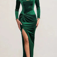 WW | Hollywood Glamour Samt Tief-V-Ausschnitt Langarm Verdrehte Schlitz Stretch Maxi Kleid