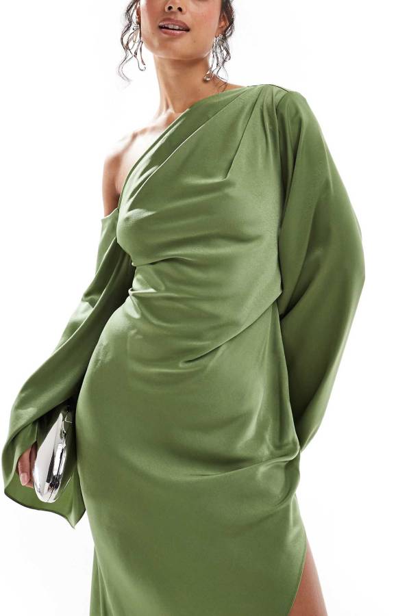 WW | Zayla Satin Asymmetrisches Ein Schulter Glockenärmel Schlitz Maxi Kleid