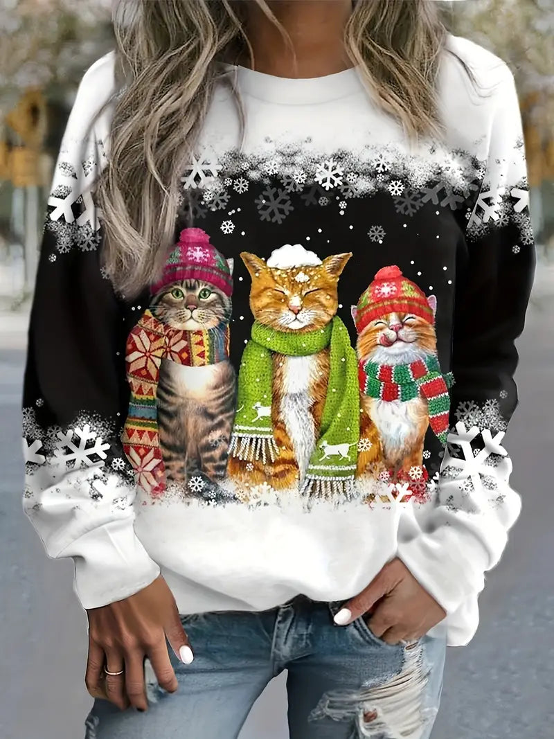 WW | Weihnachtspullover Mit Katzenaufdruck Für Damen