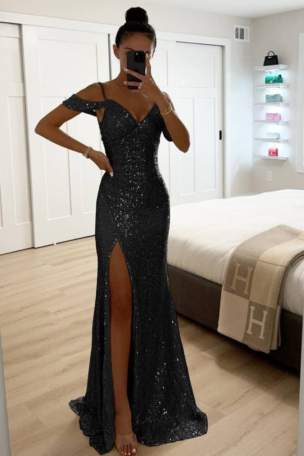 WW | Paillettenspitze Meerjungfrau Abschlussballkleider mit Schlitz Off-Shoulder Abendkleid
