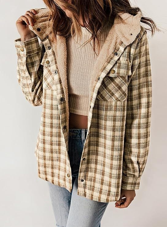 W&W Mode | Plaid Jacke Langarm Schnalle Wolle mit Kapuze