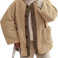 WW | Damen Warme Winterjacken - Lässige Langarm Button-up Fleecejacke aus Sherpa