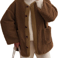 WW | Damen Warme Winterjacken - Lässige Langarm Button-up Fleecejacke aus Sherpa