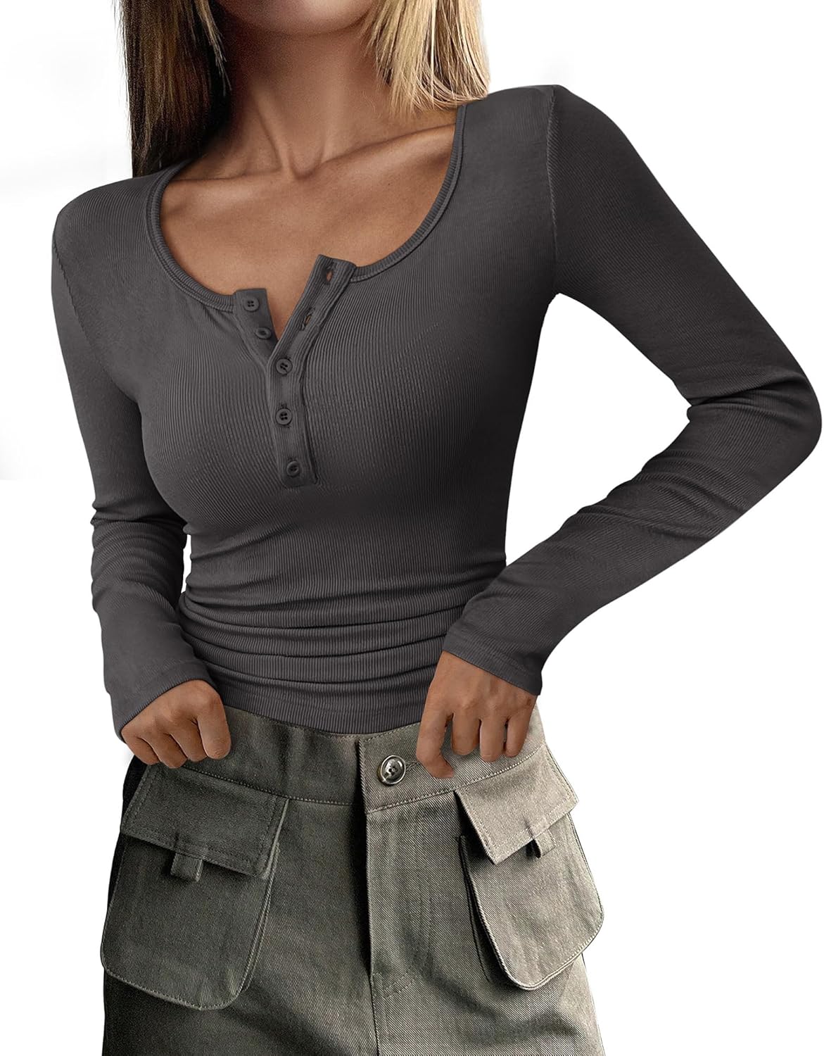 WW | Geripptes Henley-Top mit Langen Ärmeln für Damen
