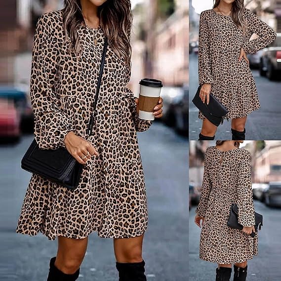 WW | Bequemen Langarm Kleid mit Leopardenmuster