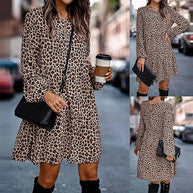 WW | Bequemen Langarm Kleid mit Leopardenmuster