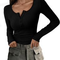 WW | Geripptes Henley-Top mit Langen Ärmeln für Damen