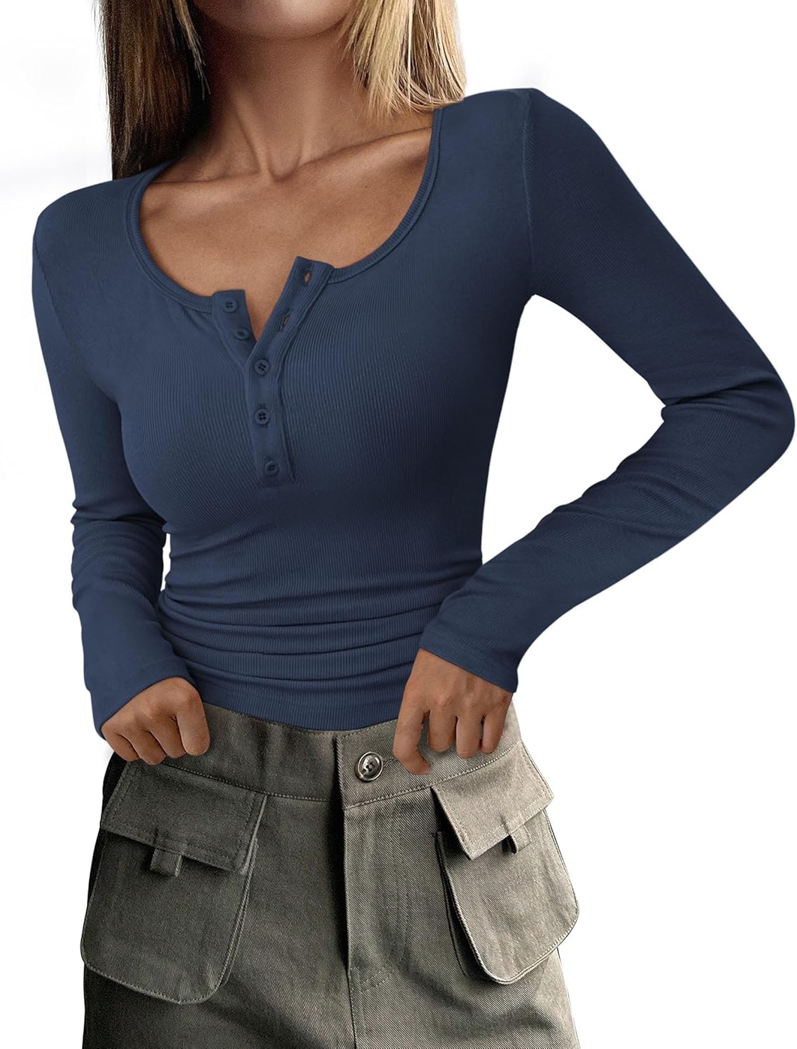 WW | Geripptes Henley-Top mit Langen Ärmeln für Damen