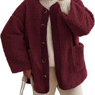 WW | Damen Warme Winterjacken - Lässige Langarm Button-up Fleecejacke aus Sherpa