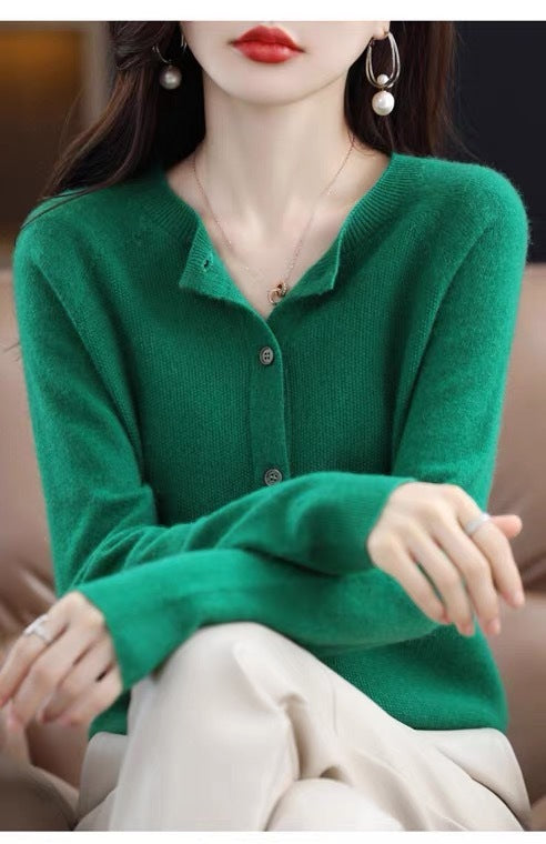 WW | Merino Woll Strickjacke Mit Rundhalsausschnitt Und Langen Ärmeln