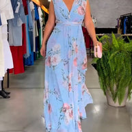 WW | Elegantes Ärmelloses V-Ausschnitt Floral Druck Kleid