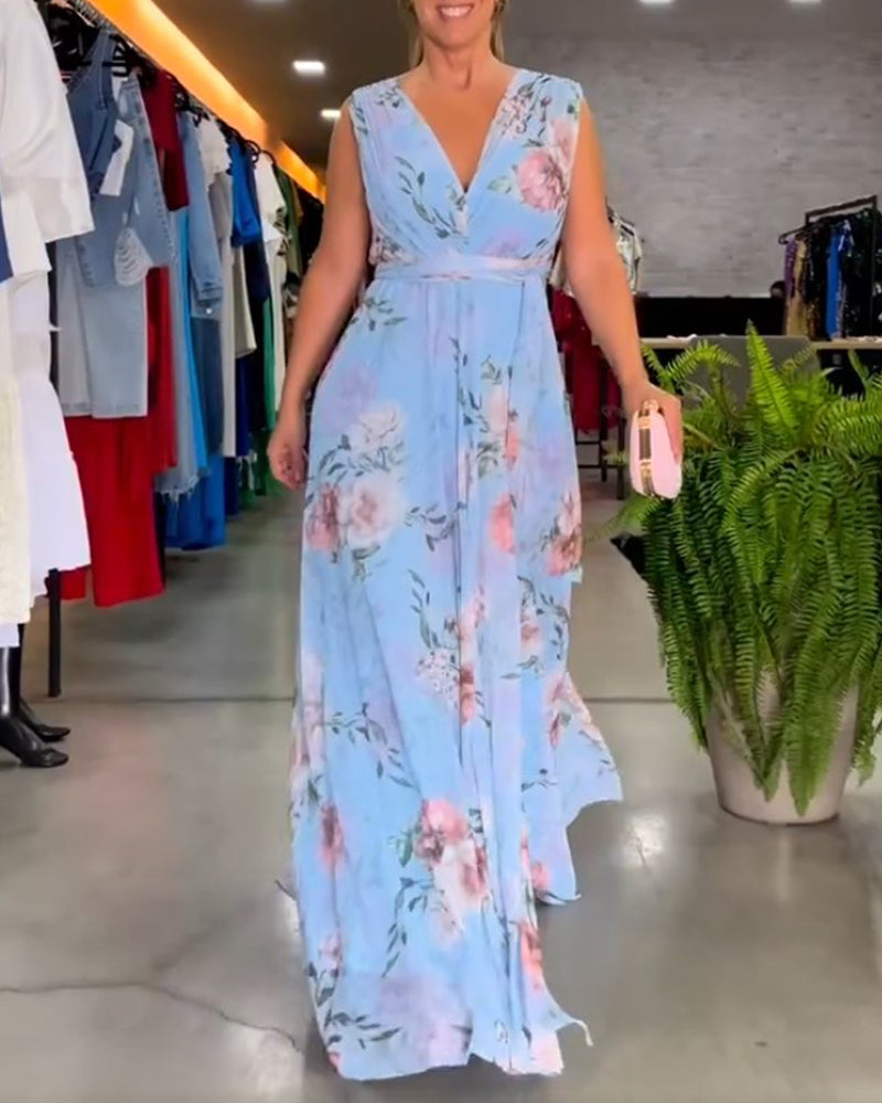 WW | Elegantes, Ärmelloses Kleid mit Blumendruck und V-Ausschnitt