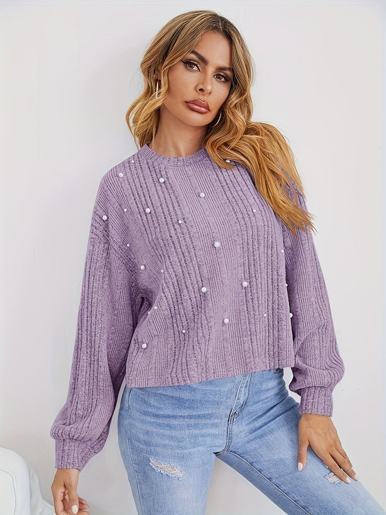 WW | Gerippter Pullover mit Rundhalsausschnitt und Perlen-Dekoration