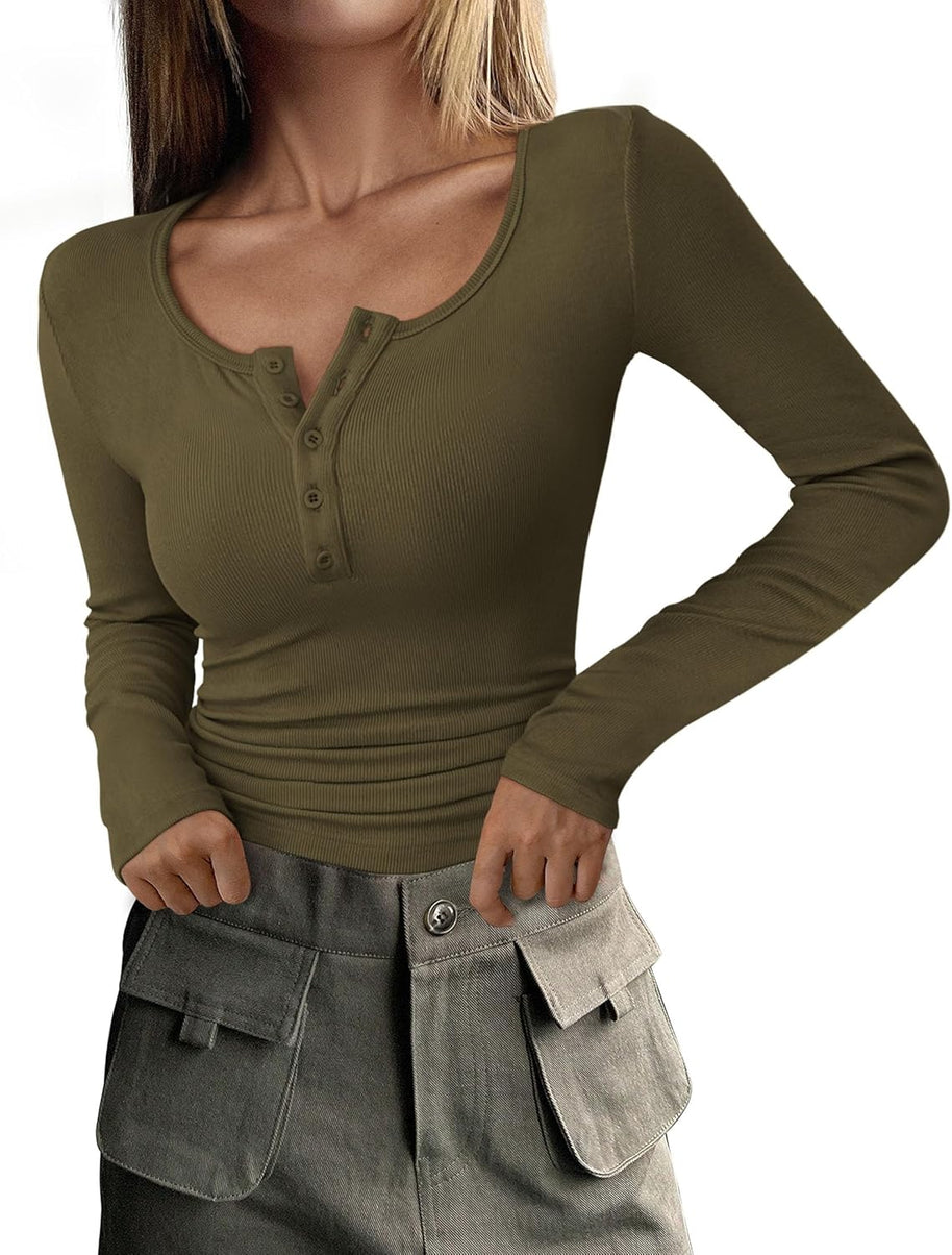 WW | Geripptes Henley-Top mit Langen Ärmeln für Damen