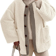 WW | Damen Warme Winterjacken - Lässige Langarm Button-up Fleecejacke aus Sherpa