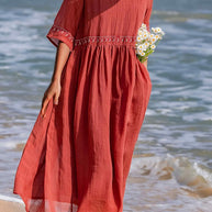 WW | Damen Besticktes Baumwoll Leinen Kleid