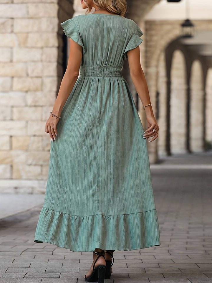 Elegantes Kleid mit V-Ausschnitt, hoher Taille und Rüschenärmeln