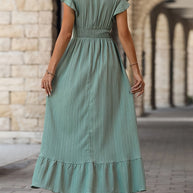 WW | Elegantes V-ausschnitt Kleid mit Hoher Taille und Rüsche Ärmeln