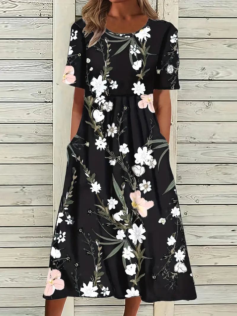WW | Midi Kleid Blumendes Muster Rundhals Kurze Ärmel Luftig und Bequem
