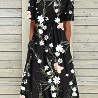 WW | Midi Kleid Blumendes Muster Rundhals Kurze Ärmel Luftig und Bequem